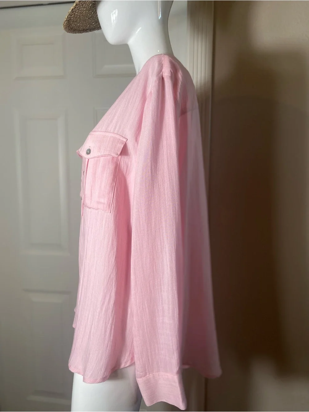 Kori~Light Pink-1/2 Button-Front~Popover~Blouse~Long Sleeve~Chest Pockets~Size L